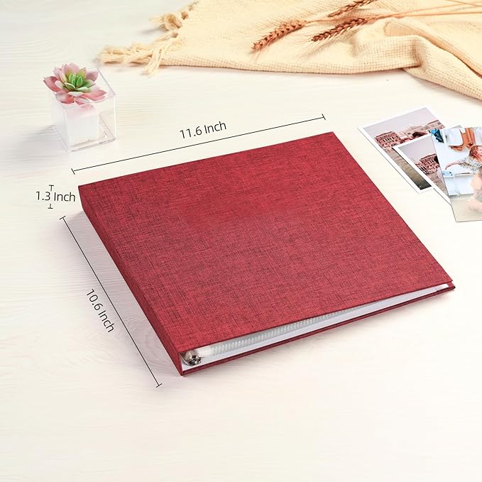 Mublalbum 10x10 Inch Large 3 Ring DIY Scrapbook Photo Album with 20 Plastic Sleeves 40 Pages Linen Cover Folder Binder for Baby Travel Wedding Anniversary and DIY Projects (Red)