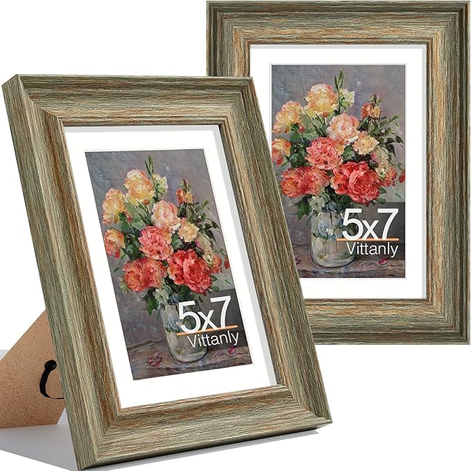 Vittanly 5x7 Picture Frames Set of 2, Ornate Vintage Photo Frame for Wall or Tabletop, Display 4x6 Pictures with Mat or 5x7 without Mat, Vintage Green
