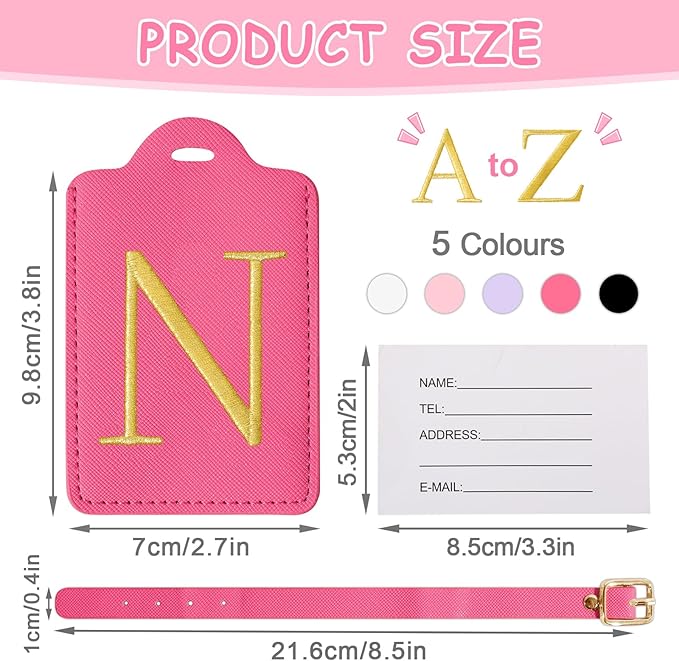Initial Letter Luggage Tags for Suitcases, Personalized Embroidered Letter Luggage Bag Suitcase Identifier Name Tag, Cute PU Leather Travel Luggage Tags, Bag Tags for Luggage Handbags(Rosered N)