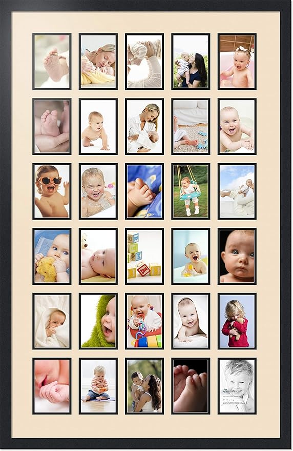 ArtToFrames Collage Photo Frame Double Mat with 30-4x6 Openings with Satin Black Frame and French Creme mat.