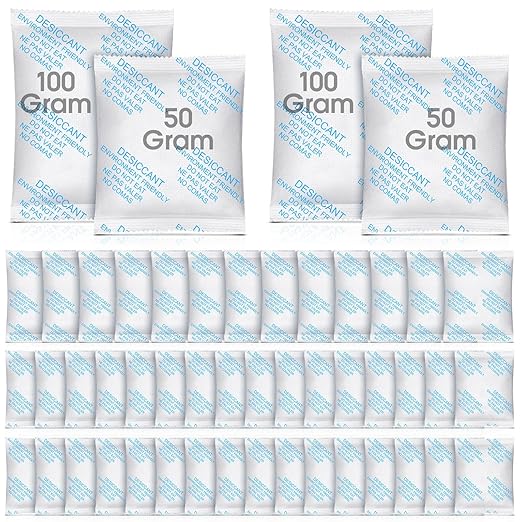 50 Pack 100 Gram 50 Gram Rechargeable Silica Gel Packets Desiccant Packs for Storage Food Safe Moisture Absorber Packs for Spices Jewelry Clothes Shoes Electronics Seeds Safes, Etc