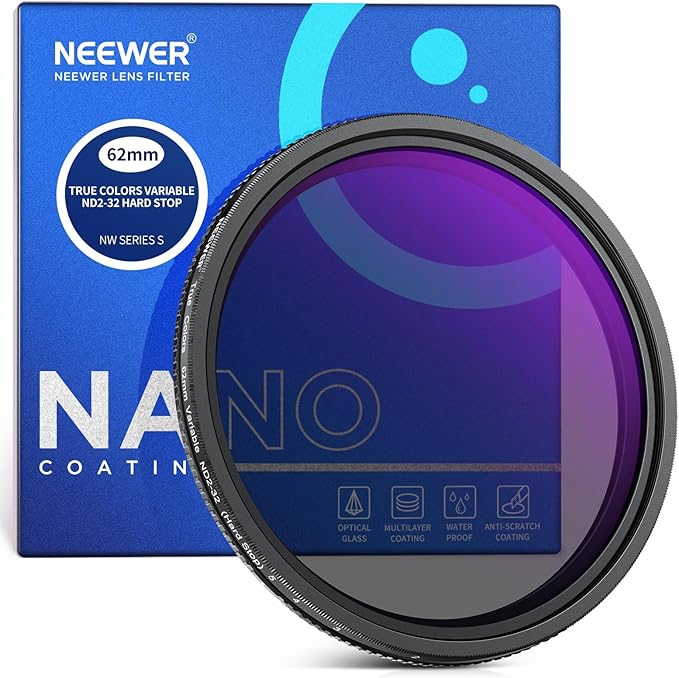 NEEWER 62mm True Colors Hard Stop Variable ND Filter ND2-32 (1-5 Stops) Limited Neutral Density Filter, Multi Coated HD Optical Glass/No X Cross/Aluminum Frame/Water/Scratch/Fingerprint Resistant