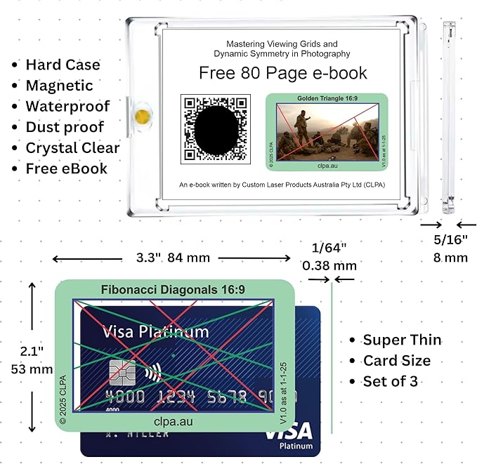 CLPA Fibonacci Diagonals Viewfinder: Credit Card-Sized Composition Grids for Video, Photography & Art in 4:3, 3:2, & 16:9