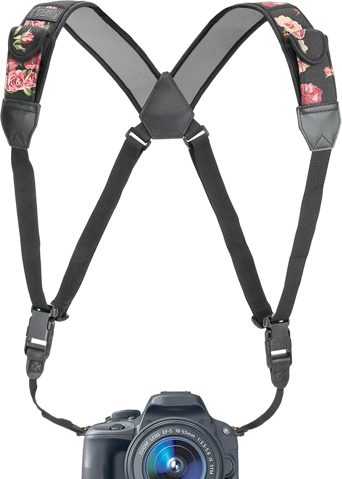 USA Gear DSLR Camera Strap Chest Harness with Quick Release Buckles, Floral Neoprene Pattern and Accessory Pockets - Compatible with Canon, Nikon, Sony and More Point and Shoot and Mirrorless Cameras