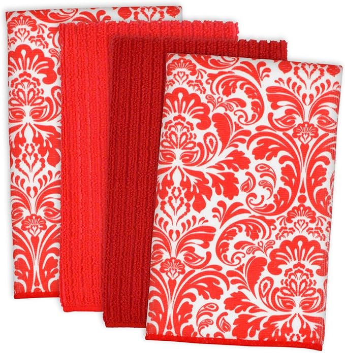 DII Cleaning Collection Multi-Purpose Microfiber, Red Damask, Dishtowel Set