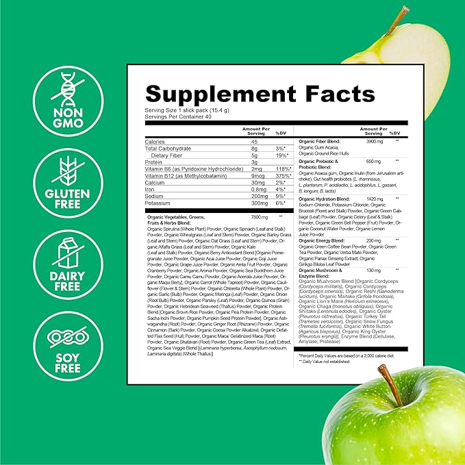 Zena Nutrition Organic Super Greens Energy & Hydration Powder, 70+ Superfoods, 0 Sugar, 5G Fiber, Spirulina, Chlorella, Prebiotics/Probiotics, Natural Caffeine + Electrolytes, 40 Drink Mix Packets