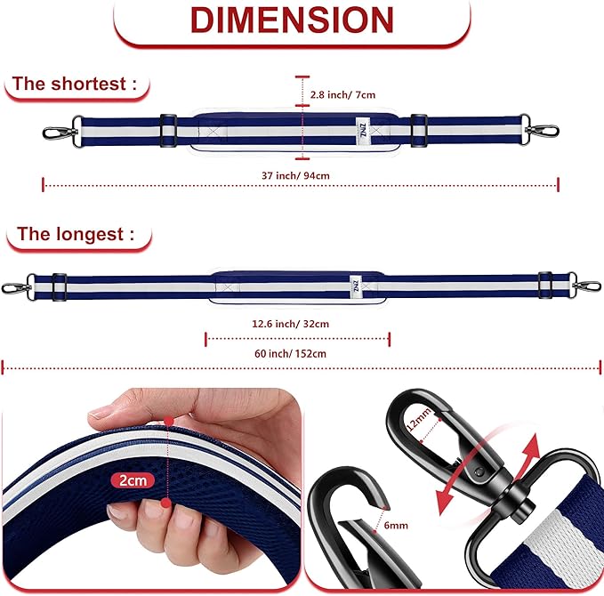 ZINZ 60" Universal Strap with Ultra-thick Fixed Breathable Pad - Adjustable Heavy-duty Shoulder Strap for Laptop, Crossbody Luggage, Gym Bag, Camera Bag and More - TW01B06