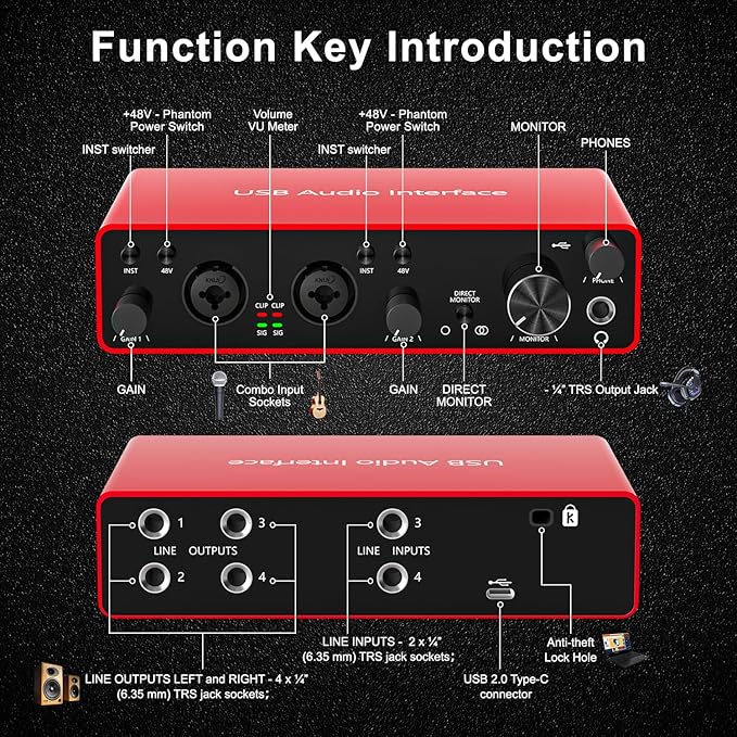 USB Audio Interface 4 Line Outputs & 2 Line Inputs with 48V Phantom Power 24Bit/192kHz for the Musicians, Vocalist, Podcaster, Works with Most DAWs and Recording Software(AR007-4 Line Outputs)