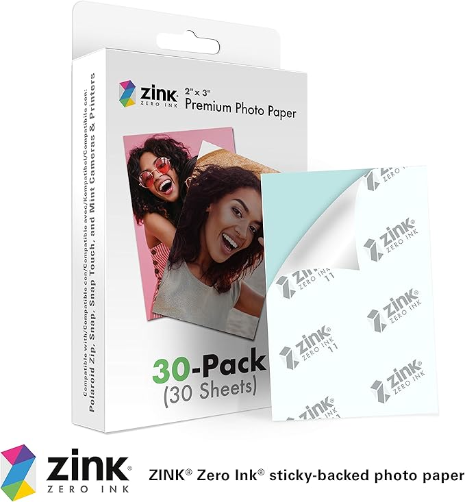 Zink 2"x3" Premium Instant Photo Paper (30 Pack) Compatible with Polaroid Snap, Snap Touch, Zip and Mint Cameras and Printers