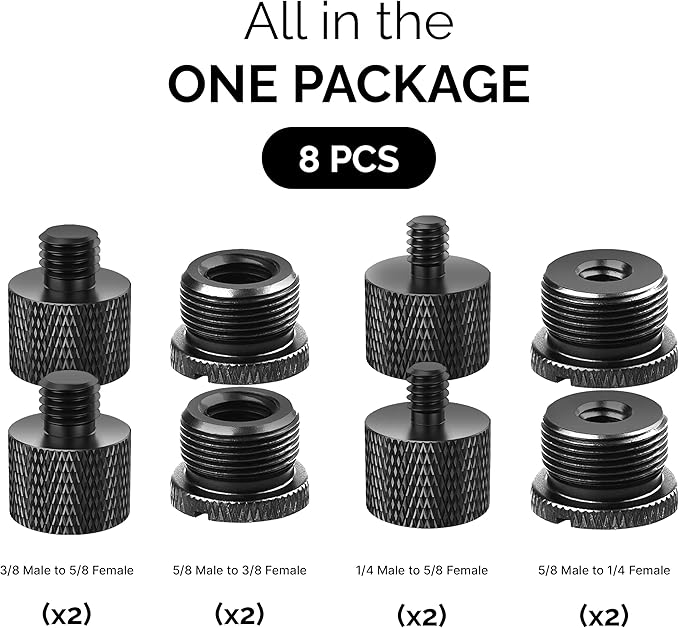 IXTECH Mic Stand Adapter Set 8 pieces Metal Microphone Stand Screw Thread Adapter 5/8 Female to 3/8 Male 3/8 Female to 5/8 Male 5/8 Female to 1/4 Male 1/4 Female to 5/8 Male Tripod Adapter ADP03A Blck