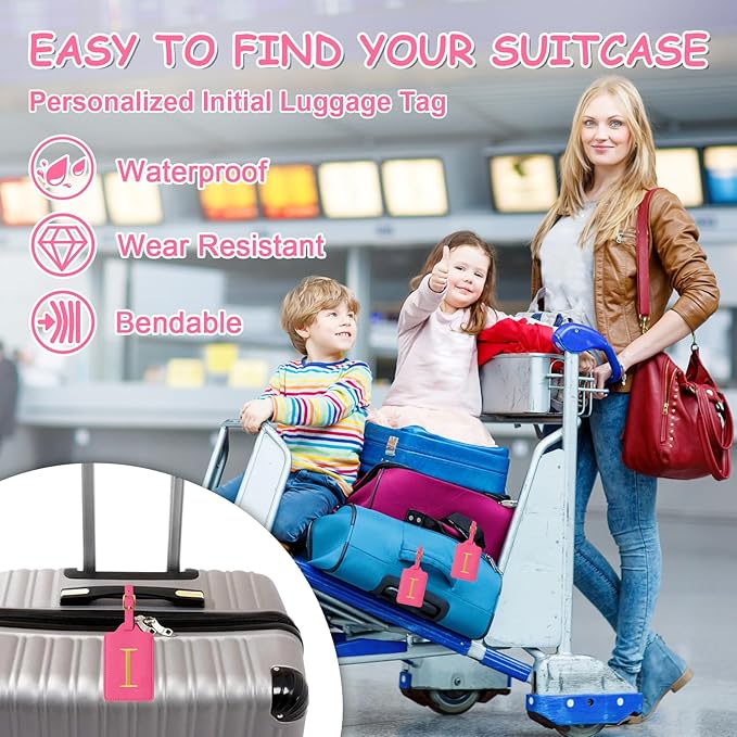 Initial Letter Luggage Tags for Suitcases, Embroidered Monogrammed Suitcase Luggage Identifier Name Tag, PU Leather TSA Approved Luggage Tags, Bag Tags for Men Women Kids Luggage Handbags(Rosered I)