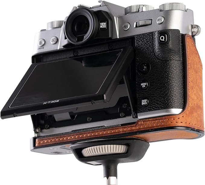 Handmade Genuine Leather Camera Half Case for FUJIFILM X-T30III /FUJIFILM X-T30III Camera Case/FUJIFILM X-T30III Case - Top Layer Cowhide Body + Metal Base Plate (Matte-Yellow-Brown)
