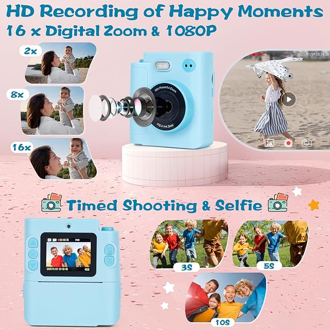 Kids Camera Instant Print, 1080P HD Dual-Lens Selfie Digital Camera with 5 Printing Paper Rolls & 32G TF Card, for Children, Portable Toddler Toy for Age 3-12 Boys & Girls (Blue)