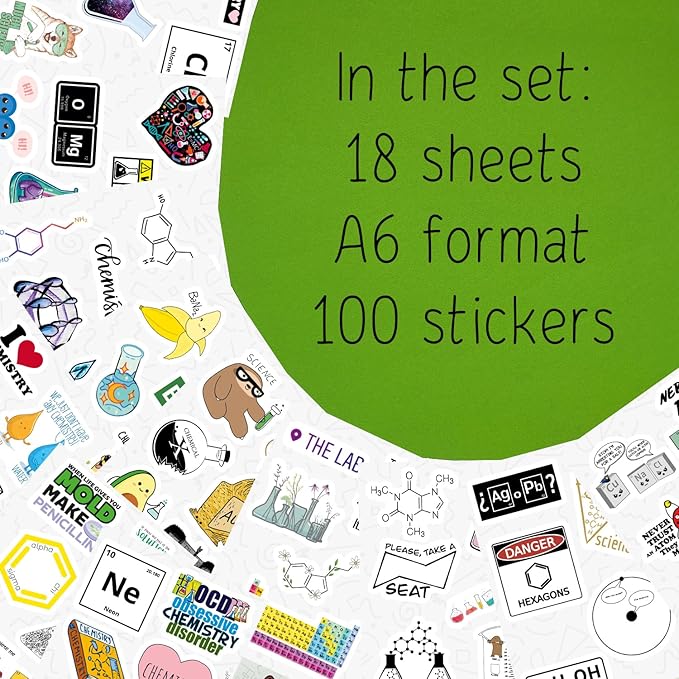 BulbaCraft 100Pcs Funny Chemistry Stickers for Laptop, Chemistry Computer Stickers, Lab Decals, Science Themed Presents, Gifts for Women & Men