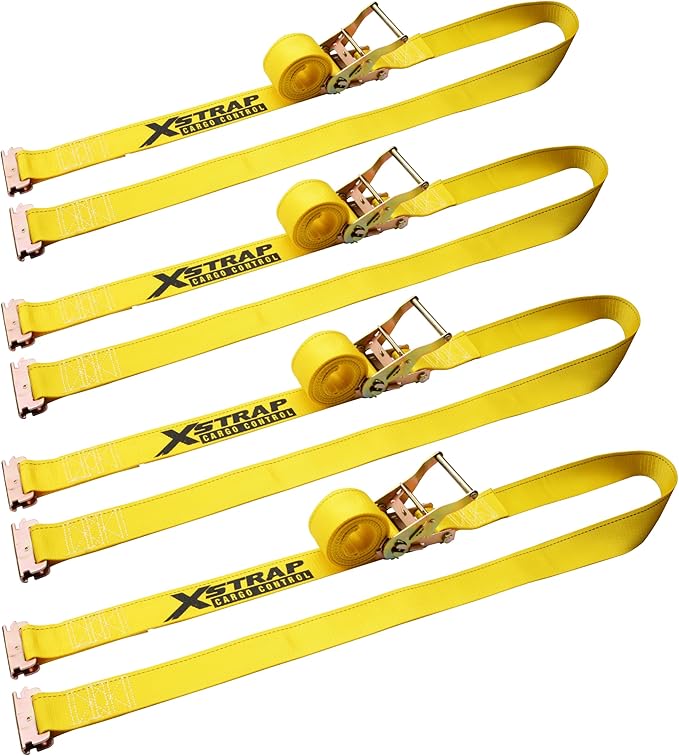 XSTRAP STANDARD 4-Pack E-Track Ratchet Straps 2" x 12' - 4,400 lbs Heavy Duty Cargo Tie Downs for Trailers, Trucks, Vans & Motorcycle Securing with Spring Fittings (Yellow)
