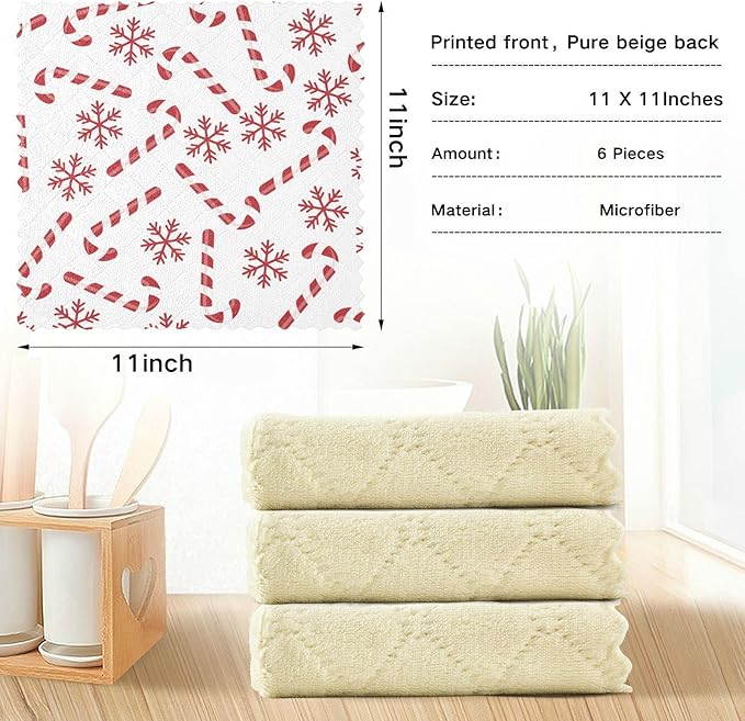CaTaKu 6 Pack Christmas Candy Canes Kitchen Dish Cloths for Washing Dishes Cleaning Cloth Dish Towels Reusable Microfiber Washcloths Dish Rags for Kitchen