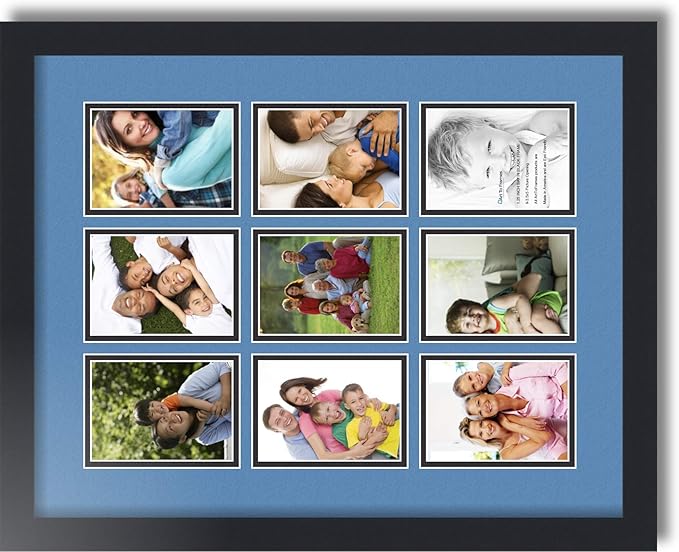 ArtToFrames Collage Photo Frame Double Mat with 9-3.5x5 Openings with Satin Black Frame and Liberty Blue mat.