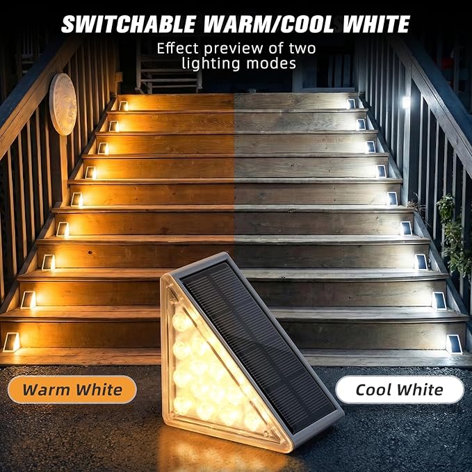 NIORSUN Solar Step Lights 16 Pack - Outdoor Stair Lights with 3000K Warm White & 6000K Cool Daylight, IP67 Waterproof, Auto On/Off, Super Bright for Deck, Patio, Steps