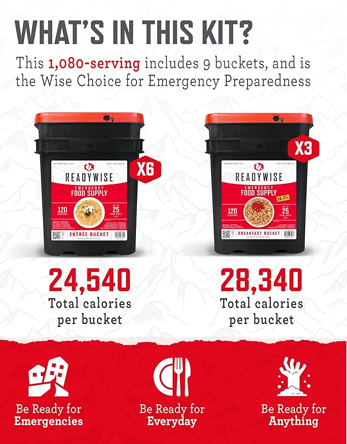 ReadyWise Emergency Food Supply - 1080 Servings, 9 Buckets, Freeze Dried & Dehydrated Package of Long Term Meals, Survival Kit for Camping, Prepper Food Storage Supplies, up to 25 Year Shelf Life