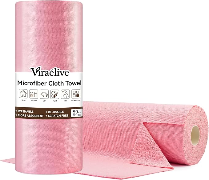 Microfiber Cleaning Cloth Roll, 50 Pack, Absorbent Reusable Towels for Kitchen, Durable Lint-Free, Scratch-Free Dish Rags for Home, Workshop & Screens, Pink Wave Pattern, 12 x 12 in
