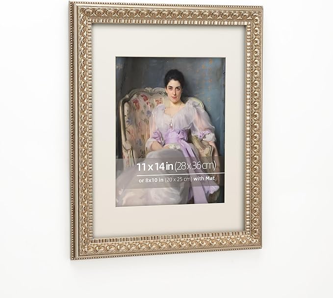 11x14 Antique Silver Wood Ornate Vintage Classic Picture Frame, With Mat 8x10 inches, Real Glass Protection, Horiztonal or Vertical Display