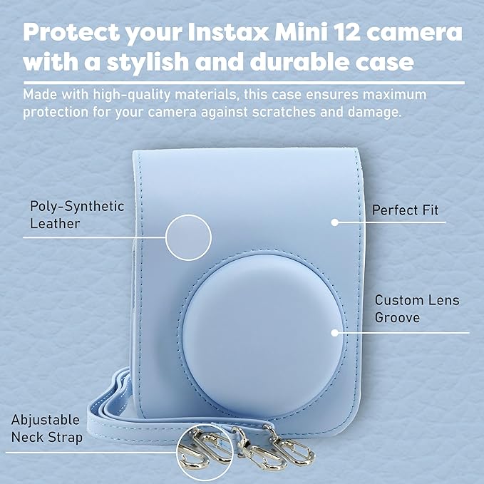 Fujifilm Instax Mini 12 Instant Camera Bundle with Fujifilm Instax Mini Instant Film Value Pack (60 Sheets) with Accessories Including Protective Case, Strap, Photo Album (Pastel Blue)