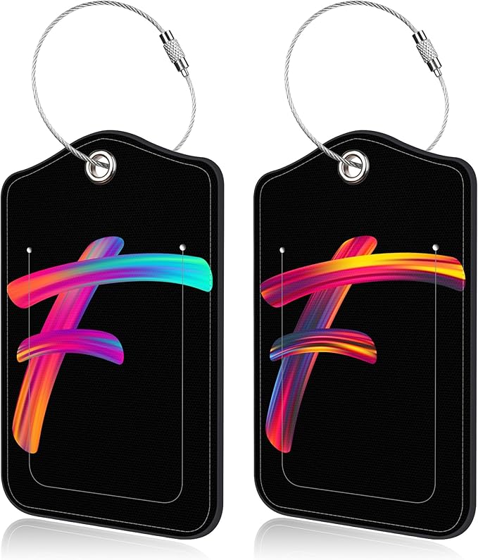 Luggage Tags for Suitcase,2 Pack Neon Colorful Letters Luggage Tags,Leather Baggage Tags Identifiers with Privacy Name Address Labels and Metal Loop for Women Men Girls Travel,Letter F