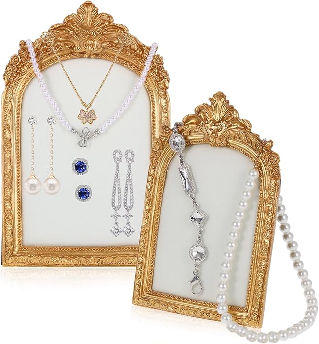 2 Pcs Gold Jewelry Stand, Vintage Photo Frame Earring Holder, Resin Jewelry Display Stand, Lined with Soft Velvet, Necklace Storage Box, Suitable for Women As Gifts for Birthdays, Holidays
