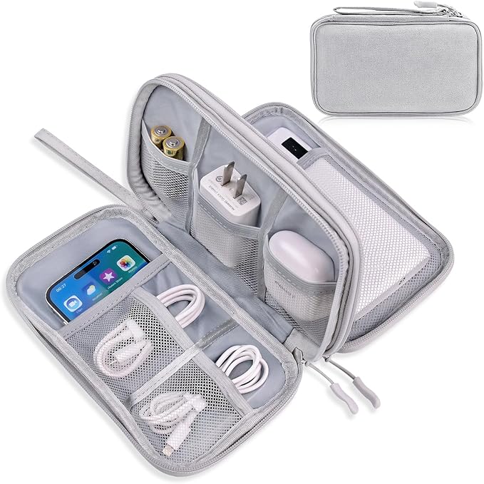 Electronics Organizer Travel Case,Cable Tech Organizer Bag,Medium Size Water Resistant Double Layers Pouch Carry Case for Cord,Phone,Charger,Earphone,Travel Accessories Essentials for Men,Grey