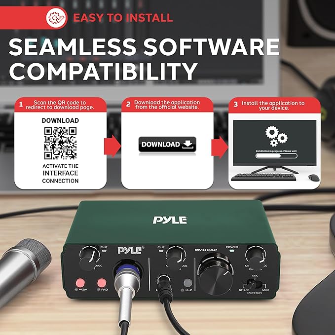 Pyle USB Audio Interface for Recording Music, Podcasting, and Streaming – 2-IN/2-OUT, 24bit/192kHz, Low-Noise, High-Fidelity Studio Quality, USB Powered, Rugged Metal Chassis, 5.9" x 4" x 1.8"
