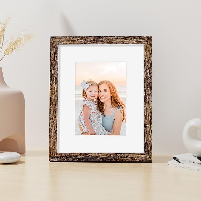 Vittanly 8x10 Picture Frame, Made of Solid Wood and Shatterproof Plexiglass, Display Pictures 5x7 with Mat or 8x10 without Mat, Wooden Photo Frame for Wall Mounting or Tabletop, Dark Brown, 1 Pack