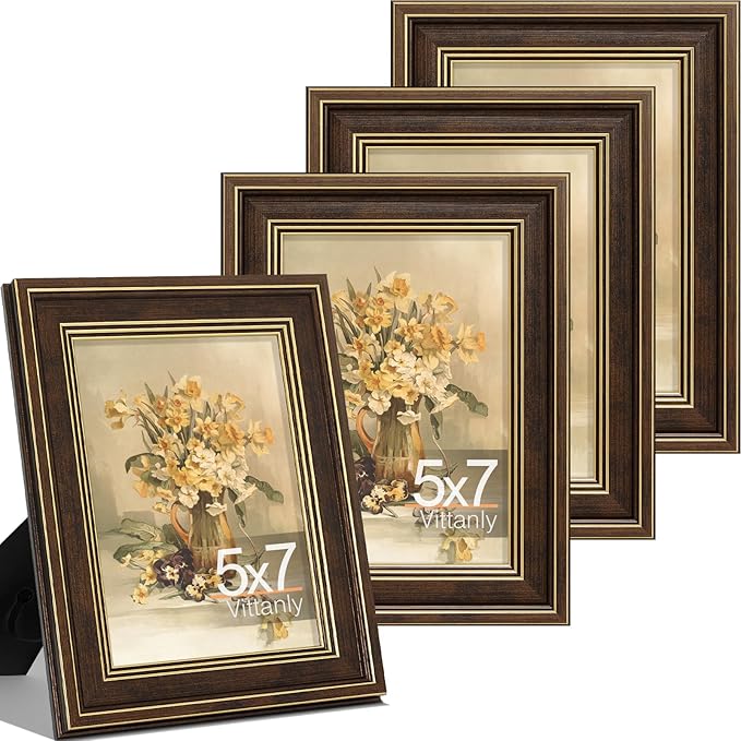 Vittanly 5x7 Picture Frame Set of 4, Vintage Photo Frame for Wall or Tabletop, Display 5x7 Pictures, Rustic Farmhouse Home Decor, Brown