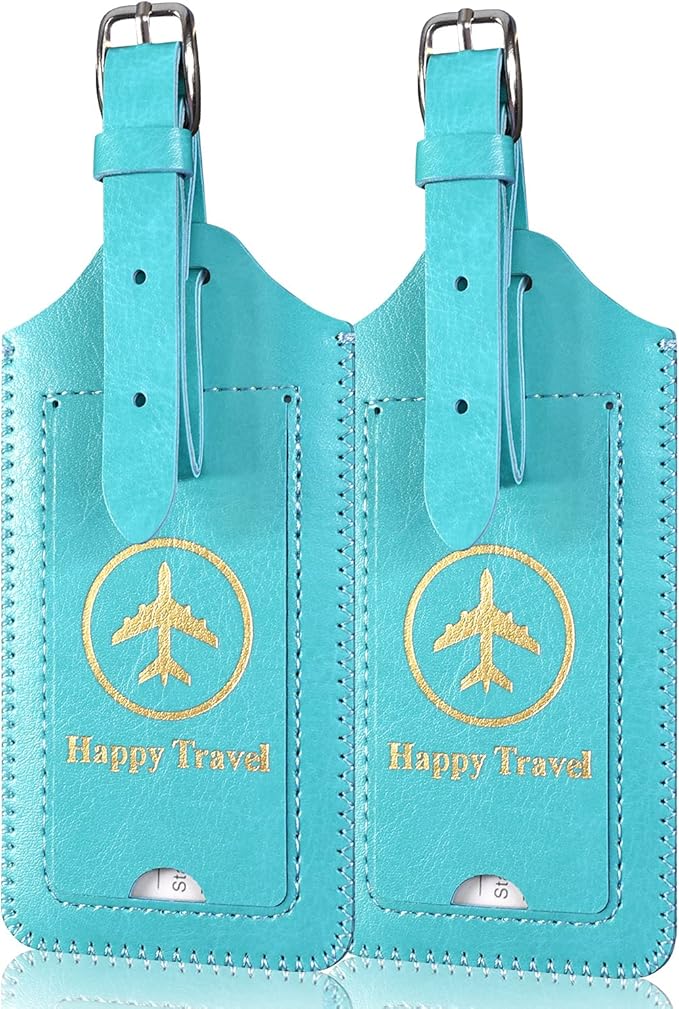 ACdream Luggage Tags 2 Pack, Leather Suitcase Tags Identifiers, Cute Cruise ID Labels with Privacy Cover fits on Backpack, Travel Bag, for Women, Men, Adults, Kids, Sky Blue