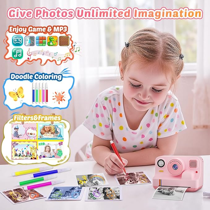 Instant Print Camera for Kids, App Printing, 1080P Video, Dual-Lens Selfie Digital Camera with 32G SD, Christmas Birthday Gifts for Girls Boys 4 5 6 7 8 9 10 11 12 Year Old, Portable Toddler Toy
