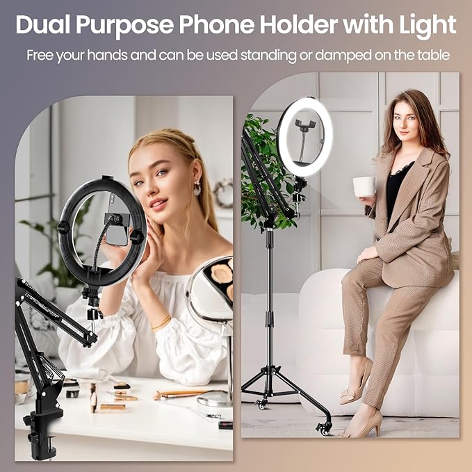 Overhead Phone Tripod for Cooking Videos with Casters, Ring Light with Stand Overhead Phone Mount Holder, Selfie Light Stand for Video Recording, Vlog, TikTok
