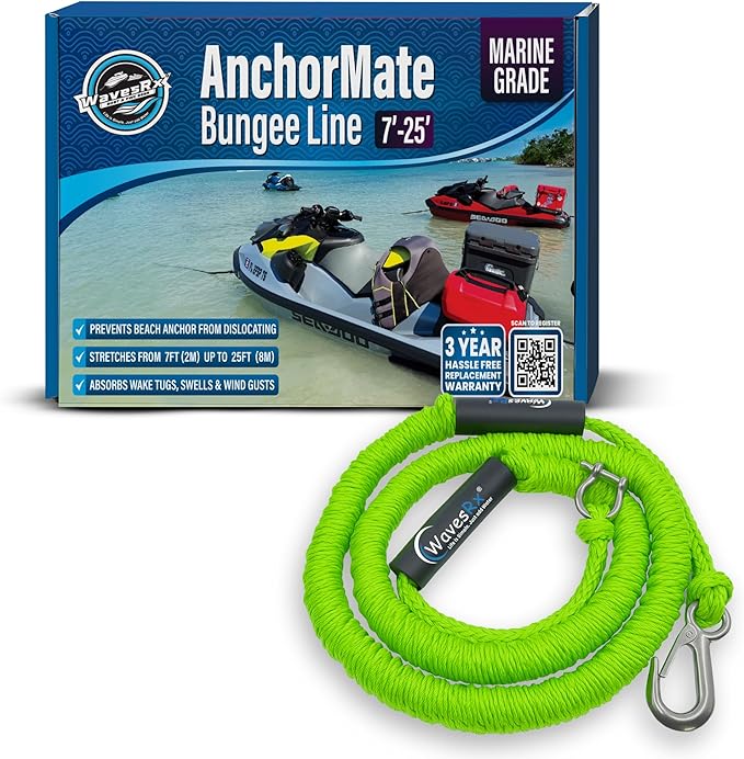 WAVESRX AnchorMate Bungee Line | Boat Bungee Dock Lines for Boats, PWCs & Kayaks | Absorbs Shock from Swells & Wind, Prevents Anchor Dislodging | Perfect for Anchoring, Mooring & Tethering