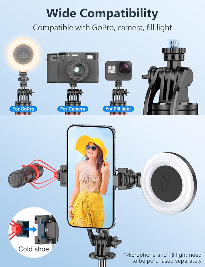 70'' Magnetic Automatic Selfie Stick Travel Tripod for Cell Phone, Auto Opening Phone Tripod Stand with Magnetic Remote, 360° Rotatable Extendable Smartphone Stand Compatible with iPhone/Android