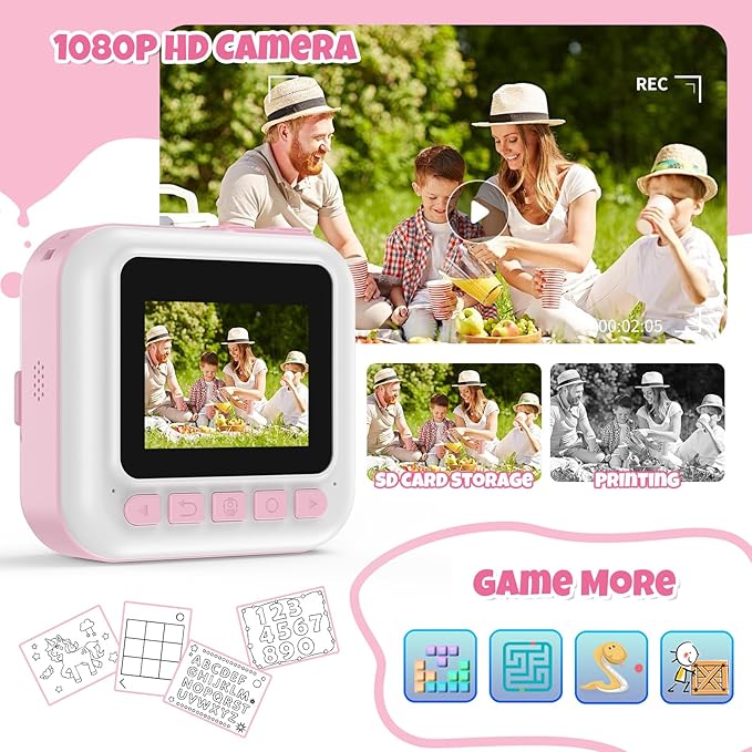 Instant Print Camera for Kids, 1080P Children Printable Cameras Christmas Birthday Gifts for Girls Age 3-10, Toddler Toy for 3 4 5 6 7 8 9 10 Year Old with 3 Roller Photo Paper (Pink)
