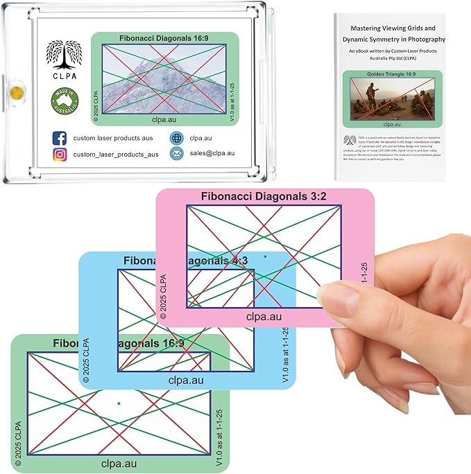 CLPA Fibonacci Diagonals Viewfinder: Credit Card-Sized Composition Grids for Video, Photography & Art in 4:3, 3:2, & 16:9