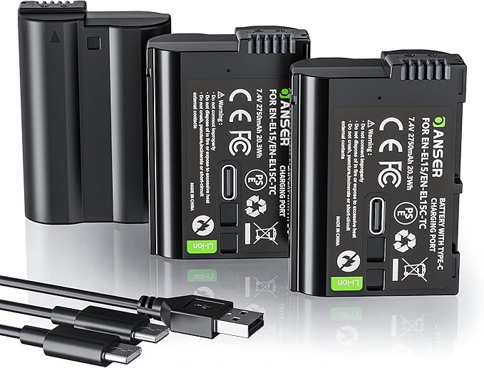 3-Pack EL15 USB Rechargeable Battery 2750mAh for Nikon D500 D850, D750, D500, Z6, Z7, Z5, D7500, D7200, D7100,D7200, D800 Cameras–Li-ion Replacement Battery-Includes USB Port, High Capacity