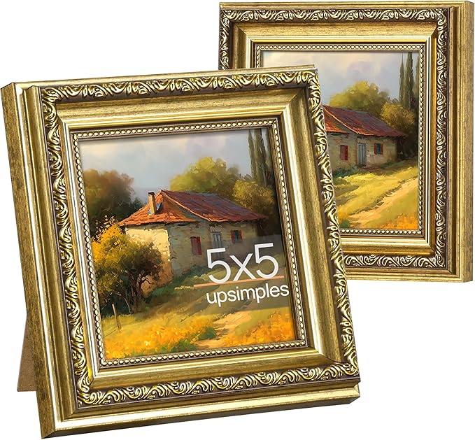 upsimples 5x5 Picture Frame with Real Glass, Ornate Vintage 5 x 5 Photo Frames for Wall Decor or Tabletop Display, Gold, 2 Pack