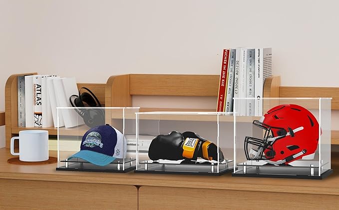 Football Helmet Display case Full Size,Self-Assembly Acrylic Helmet Display Case with Black Protection Holder Base,UV Protection Clear Sports Memorabilia Showcase for Basketball Sneakers