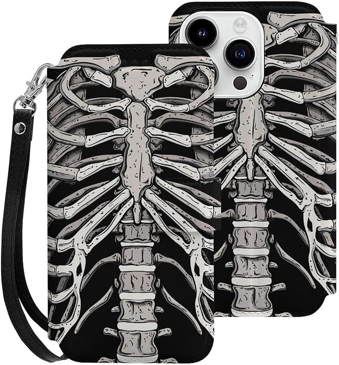 Skeleton Ribcage Bone Flip Leather Phone Case Compatible with iPhone 15/15 Plus/15 Pro/15 Pro Max
