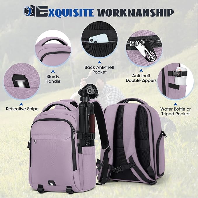 Camera Backpack Camera Bag for Photographers DSLR SLR Mirrorless Camera Cases with Waterproof Rain Cover & Laptop Compartment Fits 14 Inch Laptop,Anti Theft Travel photography backpack,Pink