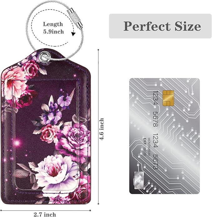 (Set of 2) Luggage Tag Leather Privacy Cover ID Label Address Card with Stainless Steel Loop, Travel Bag Tags Suitcase Labels, Purple Flowers