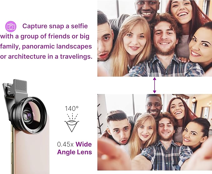 Black Phone Micro Angle Camera Lens - Micro Lens 0.45x for iPhone Samsung and Android - Phone Lens Attachment for Video or Photo Shooting - iPhone Camera Lens Accessory with Clip-on