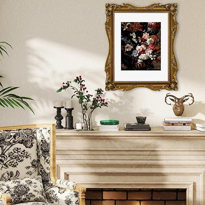 Gold 11x14 Picture Frame Vintage with Mat for 8x10 or 11 x 14 Photos, Real Glass, Ornate Baroque Gothic Victorian Antique Frames for Wall Display