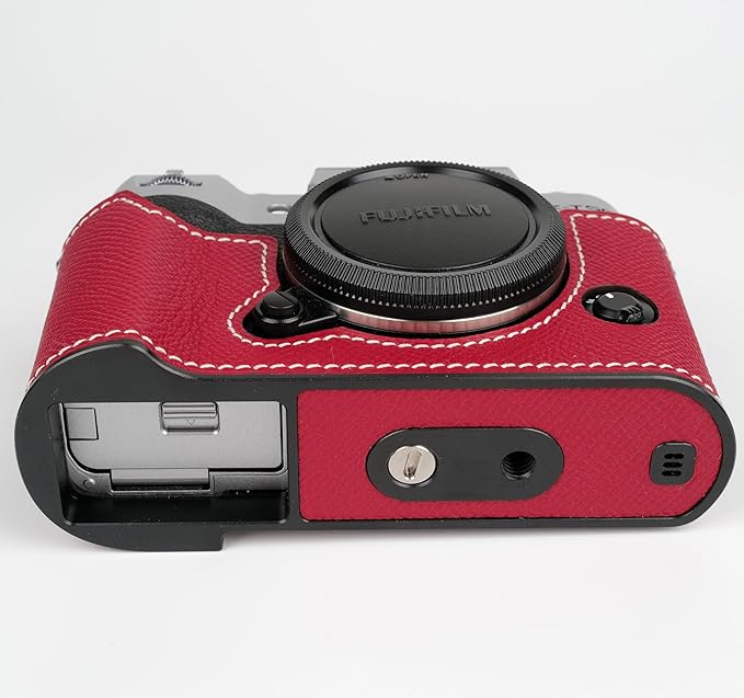 Handmade Genuine Leather Camera Half Case for Fujifilm X-T50/Fujifilm X-T50 Camera Case/Fujifilm X-T50 Case - Top Layer Cowhide Body + Metal Base Plate (China Red)