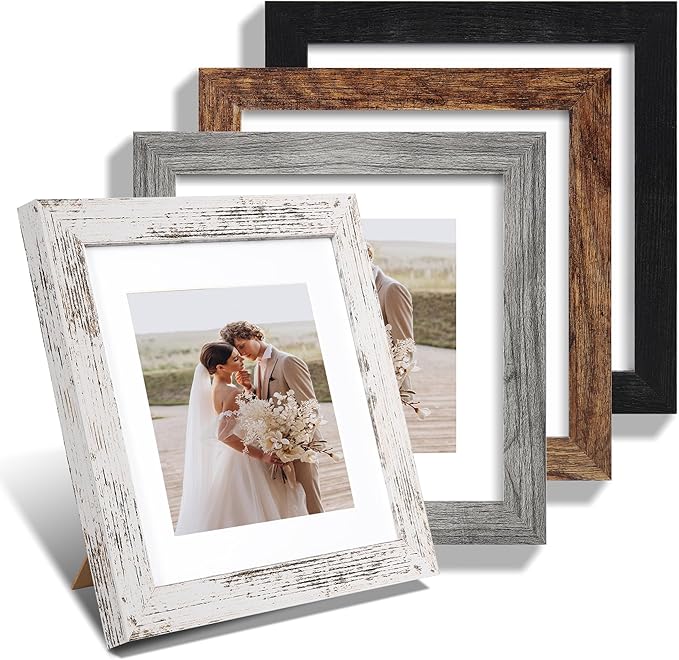 8x8 Picture Frame Set of 4, Made of Glass and Multicolour Wooden Frame, 8 by 8 Photo for Wall or Tabletop - Display Picture 6x8 with Mat or 8x8 Without Mat