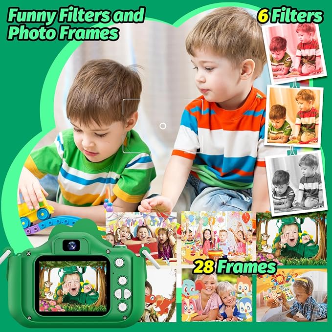 Dinosaur Kids Camera for Boys Girls, Toddler Digital Selfie Camera with Cute Protective Cover and 32G SD Card, Christmas Birthday Gifts Toys for 3 4 5 6 7 8 9 10 11 12 Years Old Little Girls and Boys